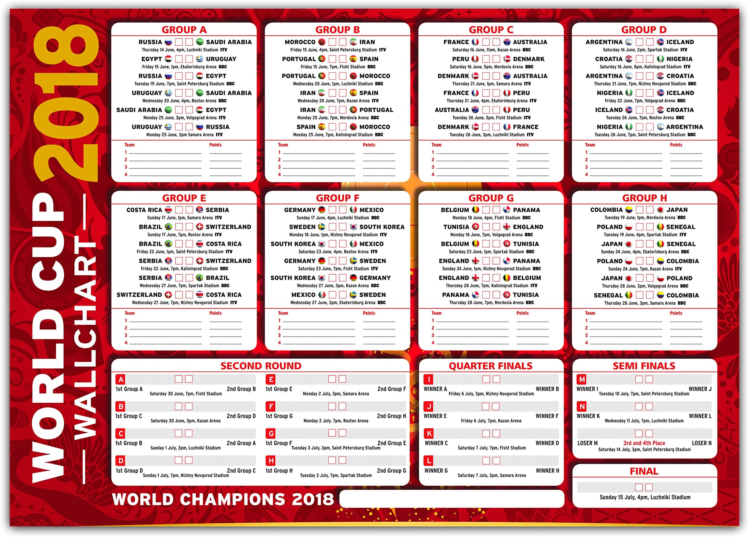 World Cup Projects Tournement Wallchart Russia 2018 - Neat Stylish Wall Chart To Track The Football Progress (Red)