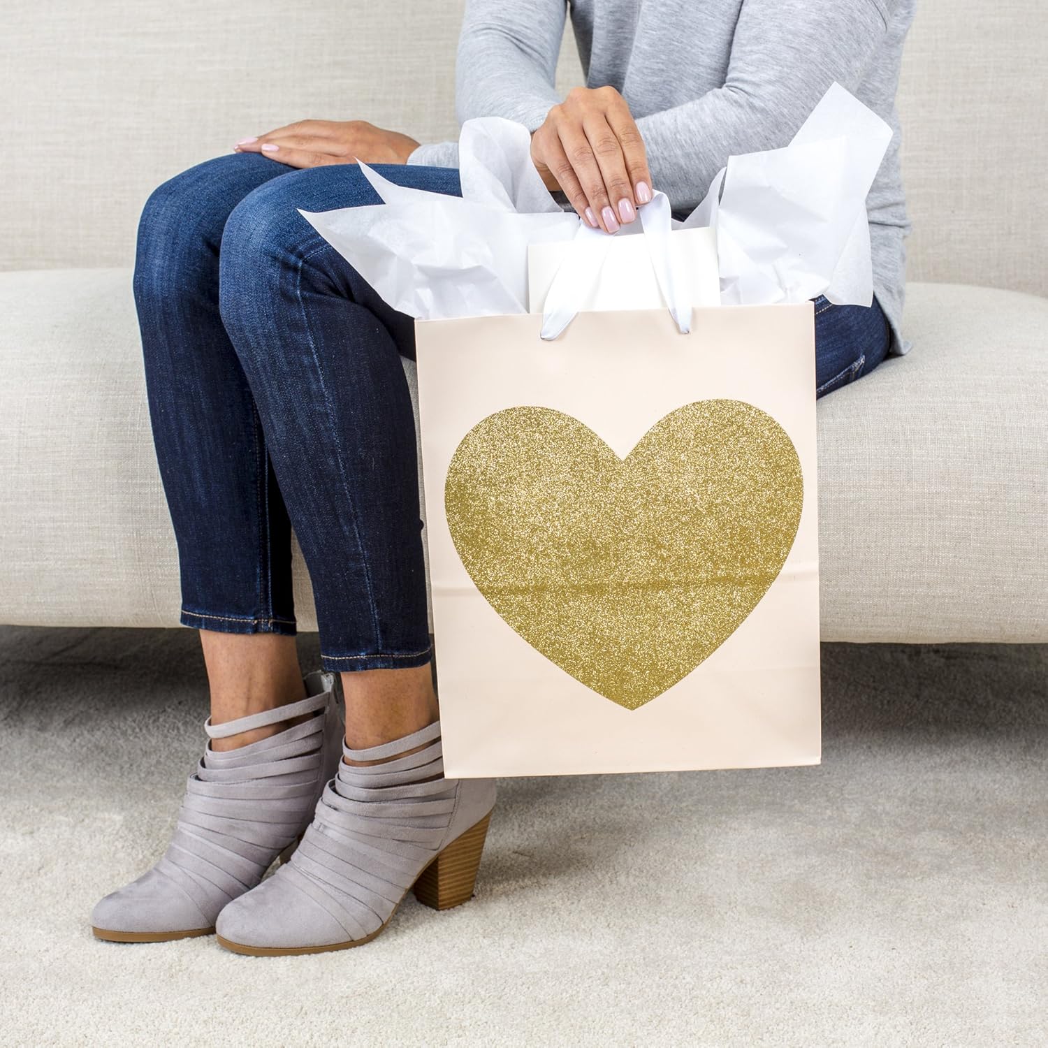 Hallmark 13" Large Gift Bag with Tissue Paper (Gold Glitter Heart) for Birthdays, Bridal Showers, Weddings, Anniversaries, Sweetest Day and More: Kitchen & Dining