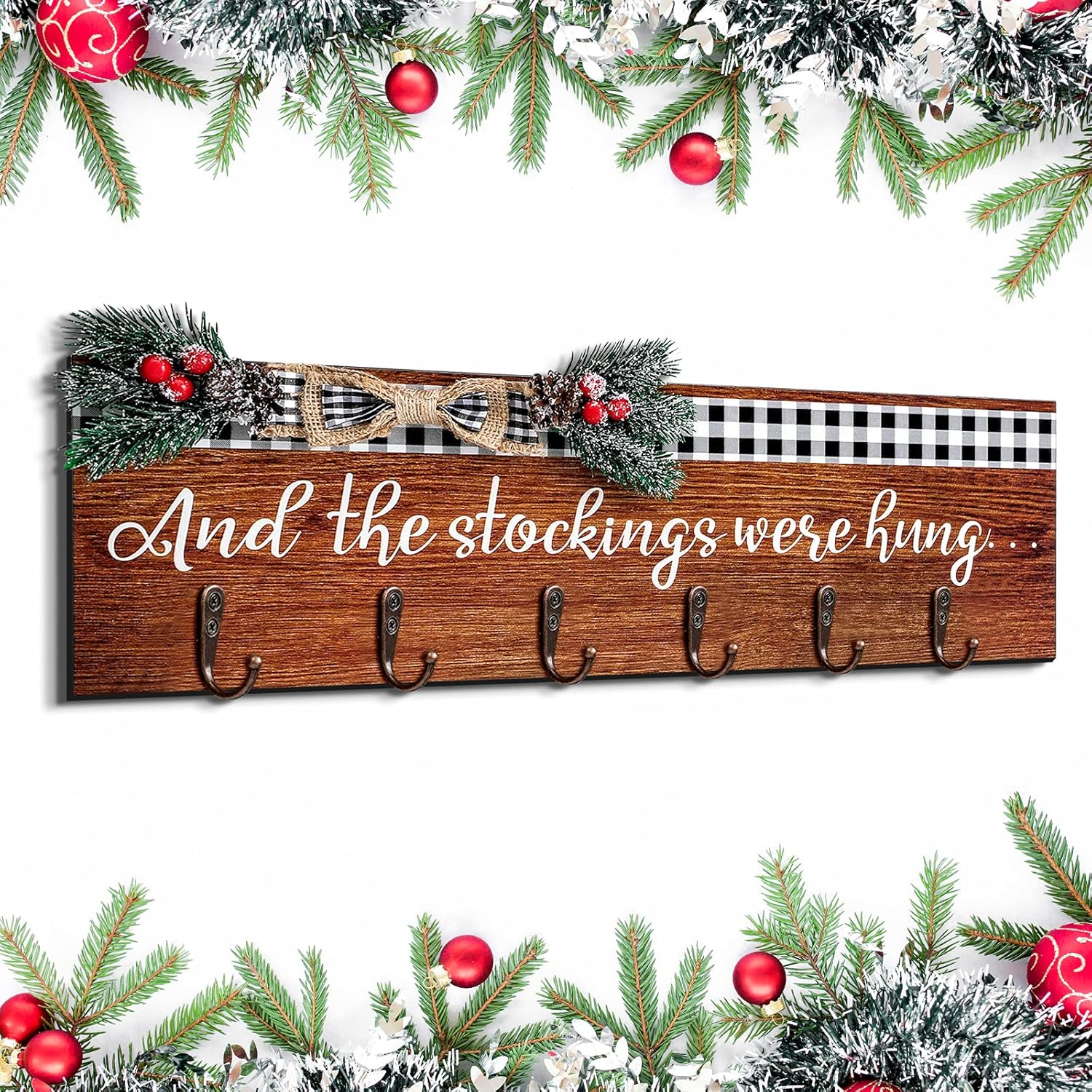 Stockings & Holders - Christmas Stocking Holder with 6 Hangers The Stockings were Hung Wooden Sign Xmas Wall Hanging Sign Wall Mount Hook Holder Decorative Mantel Sign Wood Stocking Hanger for Mantle (Retro Style)