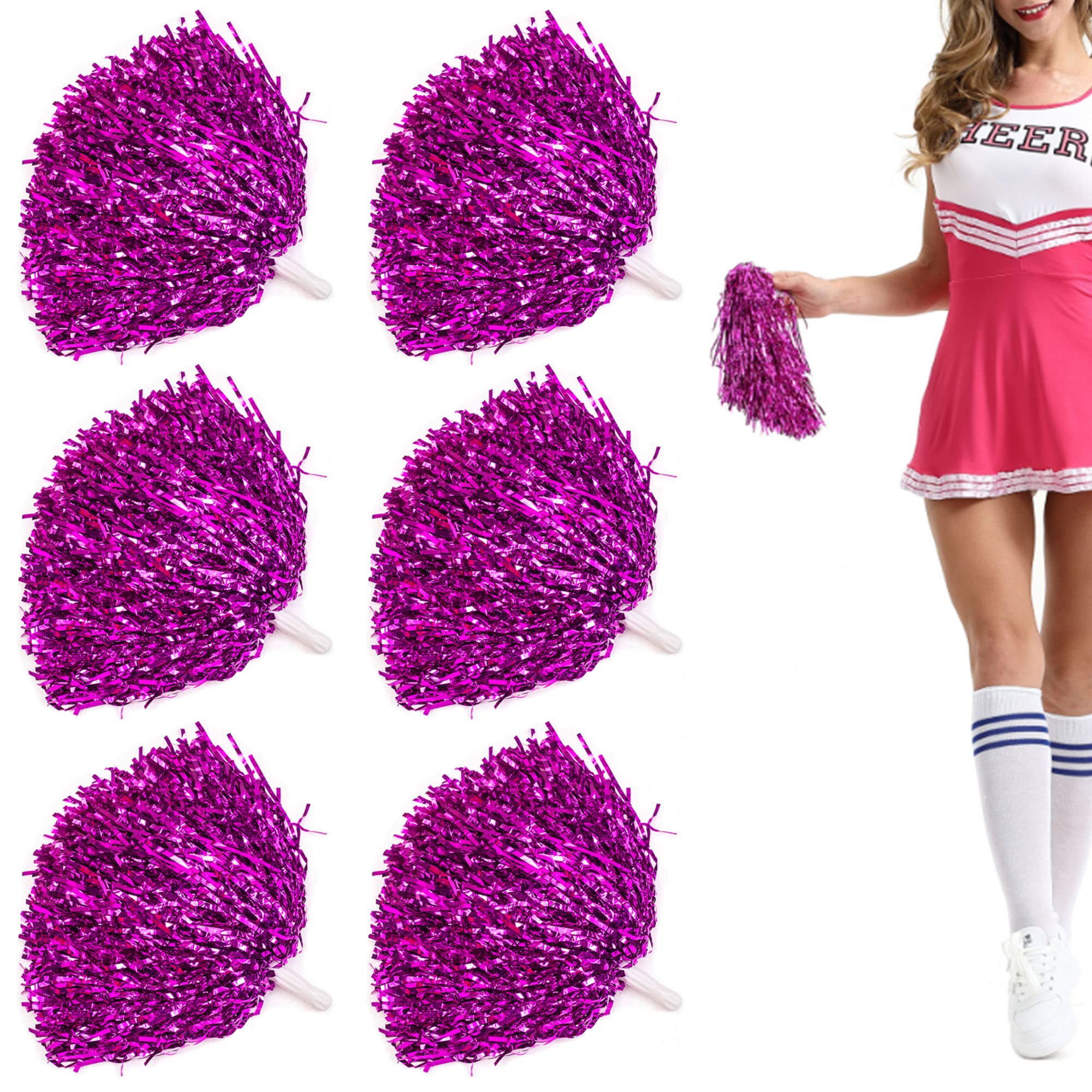 Niuhong 6 Pieces Cheer Leader Poms Pom Bright Metallic Cheers Ball Squad Cheer Sports Colours Pompoms Hand Flower Bands Spirit Cheering Pom Colours Accessories Cheerleading Sports Games Team (Rose Red