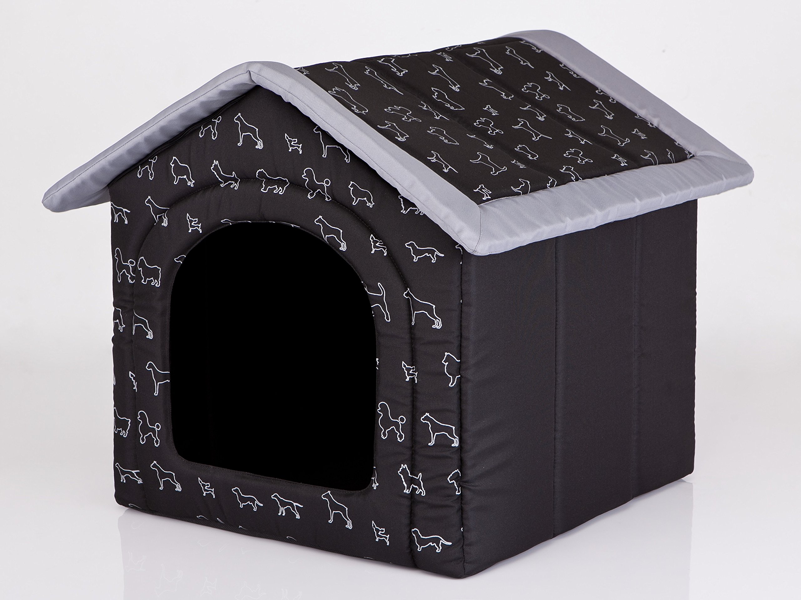 Hobbydog Dog House for Medium Dogs - Cat House, Cat Cave - with Removable Roof - Pet House for Cats and Dogs for Indoor/Indoor 38 x 32 x 38 cm [S] Black with Dog Pattern