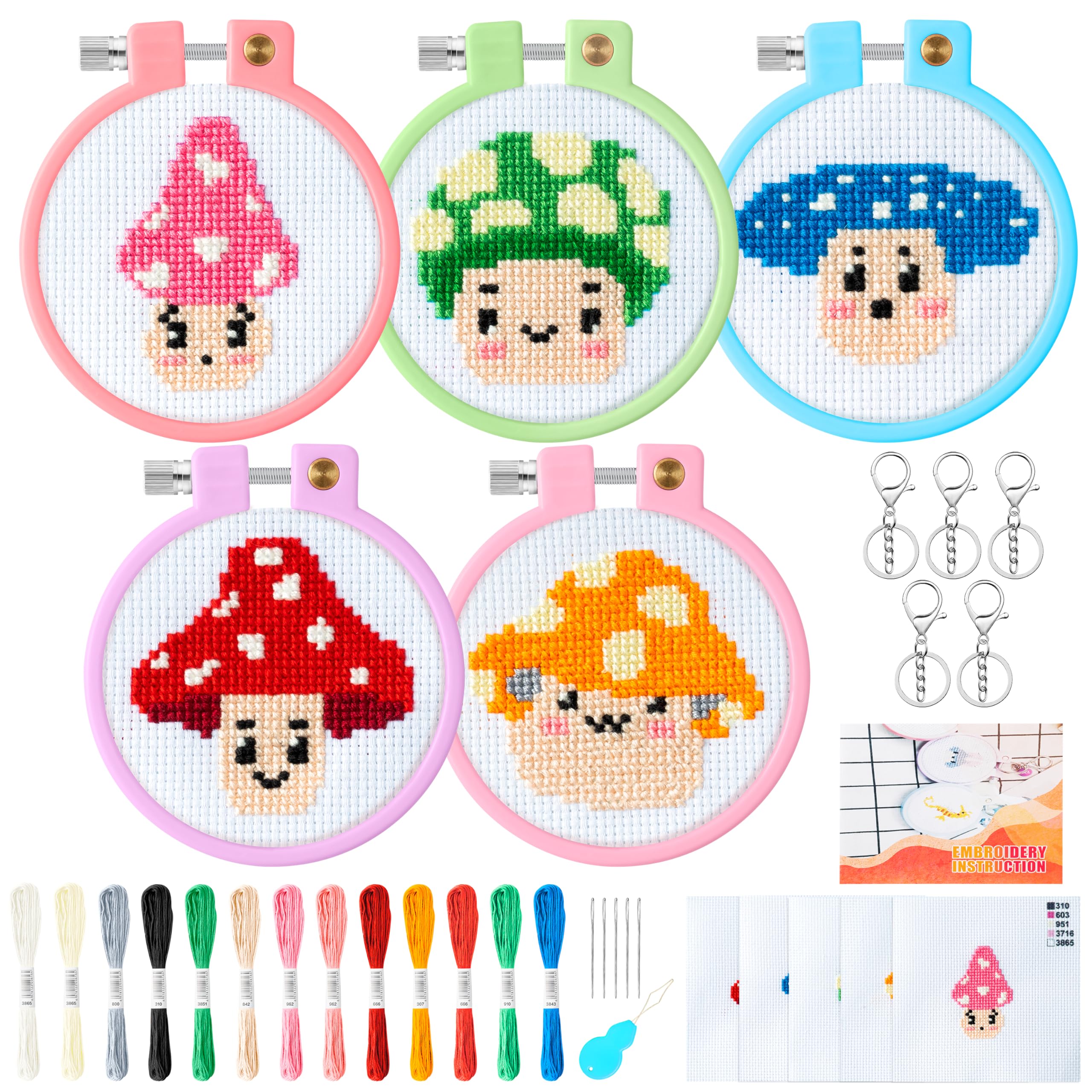 WATINC Beginners Embroidery Kits - 9PCS DIY Keychain with Mushroom Pattern Cross Stitch Beginner Kit for Kids Needle Point Starter Kit Sewing Set with Instructions for Children Adults — image 1
