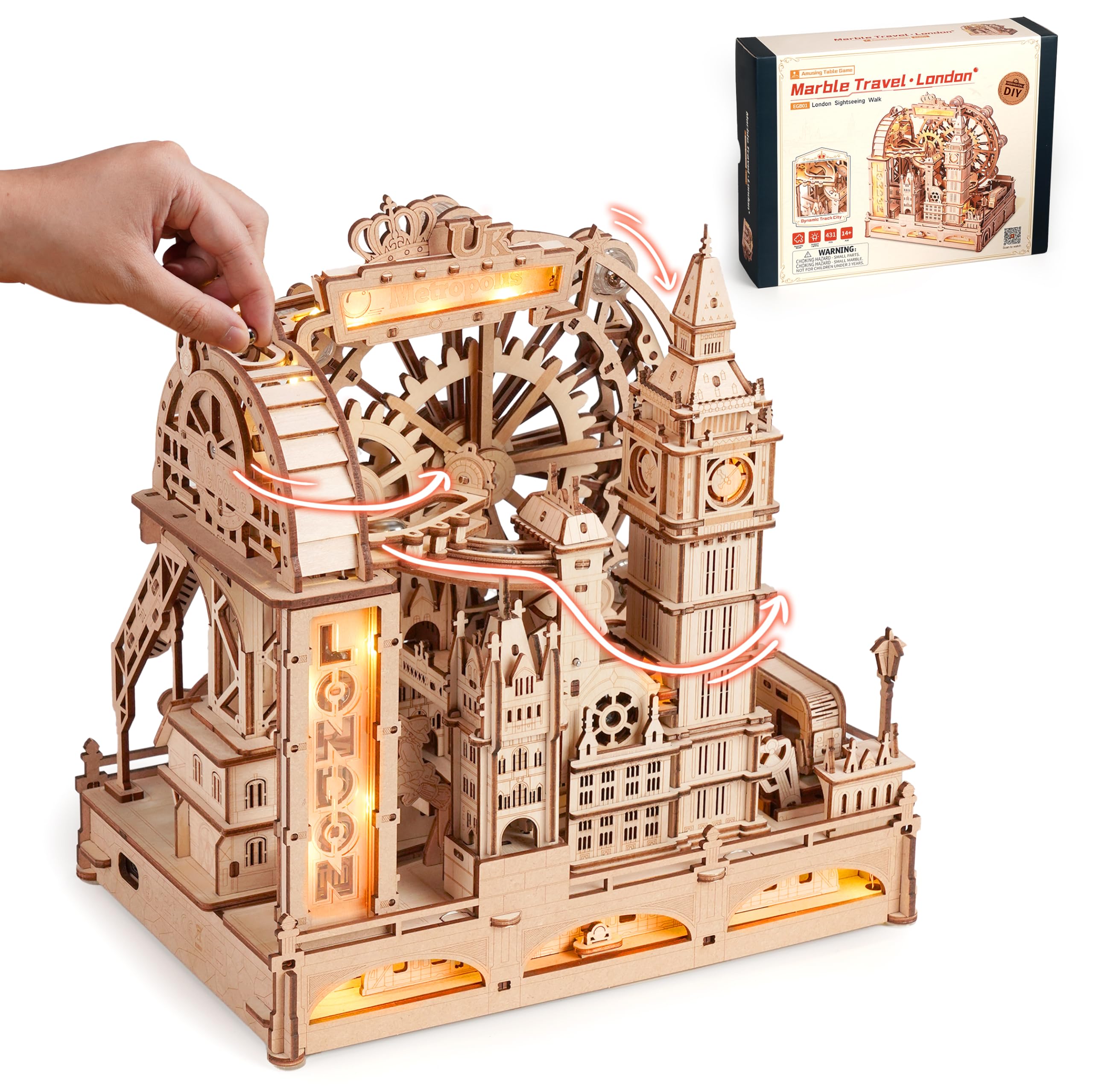 ROBOTIME 3D Wooden Puzzle Marble Run Building Kit – London City Model with Lights for Adults & Teens, Mechanical DIY Landmark Puzzle, Educational Gift & Home Decor, EGB01