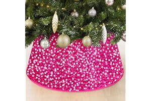 FOTSHARER Christmas Tree Collar Hot Pink 23.6 Inch Artificial Sequins Tree Ring Glitter Christmas Tree Skirt Fuchsia for Winter Holiday Wooden Tree Box Skirt for Birthday Christmas Day Decorations