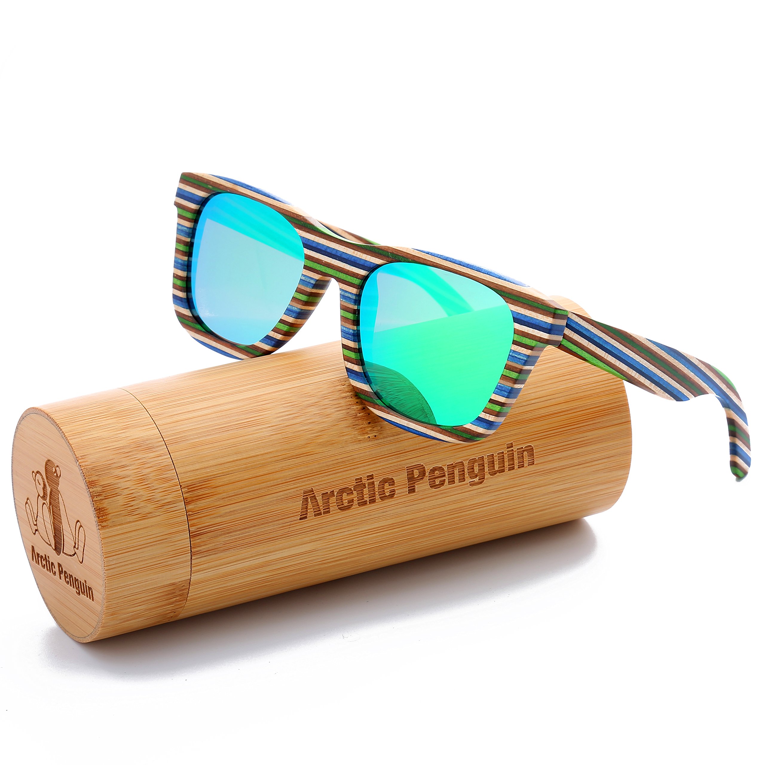 Arctic Penguin Vintage Wooden Polarized Sunglasses Men Wayfarer Eyewear (blue, green)