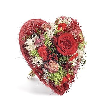 Bouquet Cœur Sanremo Fleurs Séchées De La Riviera Dei Fiori Avec Trois Roses Stabilisées Rouge