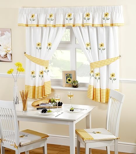 SUNFLOWER KITCHEN CURTAINS WHITE/YELLOW 46X54: Amazon.co.uk: Kitchen & Home