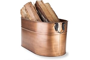 Plow & Hearth Vintage-Style Antique Copper Firewood Bucket with Wrought Iron Handles | Decorative Firewood Rack | Galvanized Steel Log Holder for Fireplace | 13.25" W x 11.25" H x 21.25" L