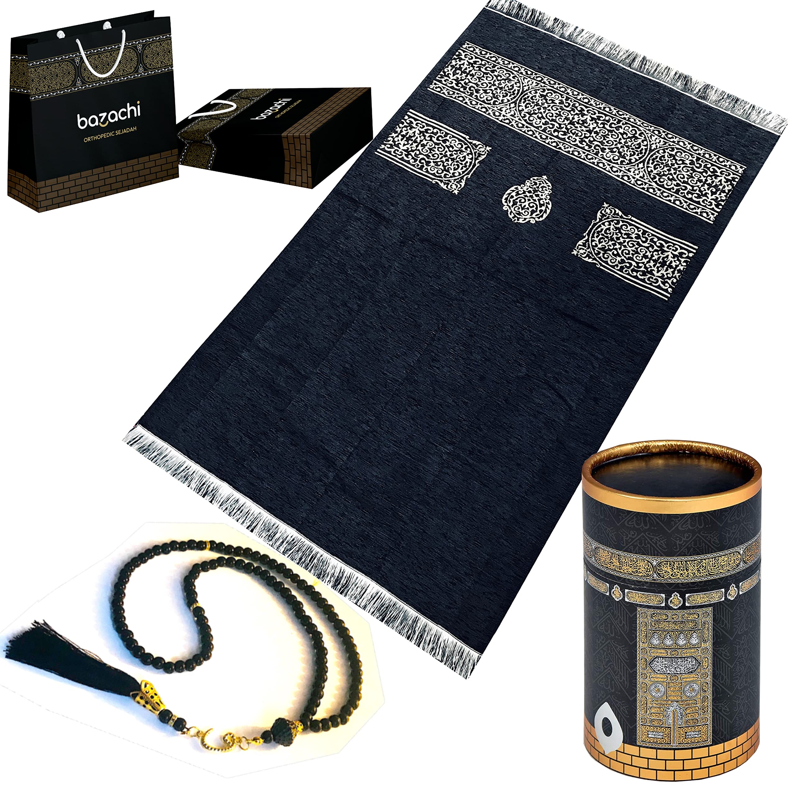 mahnur Kaaba Design Gift Boxed Islamic Gift Set With Tasbih, Kaaba Bag and Portable Prayer Rug (Design 2)