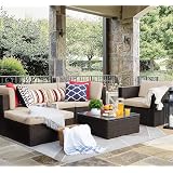 Amazon Com Pamapic 7 Pieces Patio Furniture Outdoor Rattan Sectional Sofa Conversation Set With Tea Table And Washable Cushions Beige Garden Outdoor
