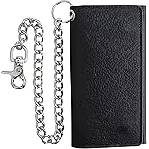 F&L CLASSIC RFID Blocking Mens Tri-fold Long Style Cowhide Leather Steel Chain Wallet,Black