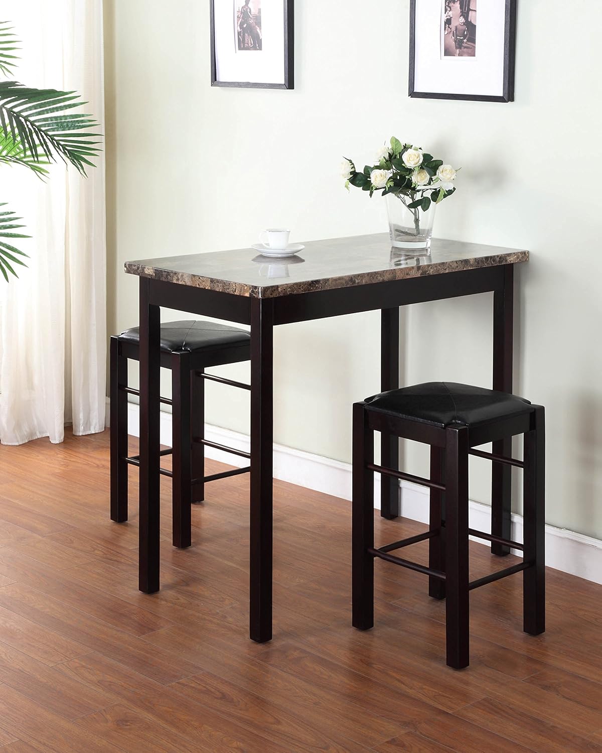 Linon Brown 3-Piece Table Faux Marble Tavern Set, 42" w x 22.25" d x 36" h - Table & Chair Sets