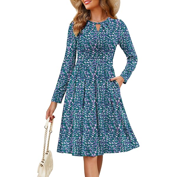 Floral Work Dresses for Women 2025 Tiered Flowy Office Long Dress Elegant Business  Casual Tie Waist Maxi Boho Dress Patchwork Crewneck Teacher Dress Mid  Length Modest Frocks a Line Tea Party Dress