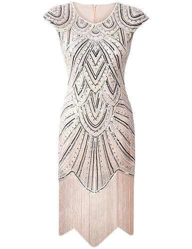 PrettyGuide Damen 1920er Gastby Diamant Pailletten verschönert mit Fransen Flapper Kleid