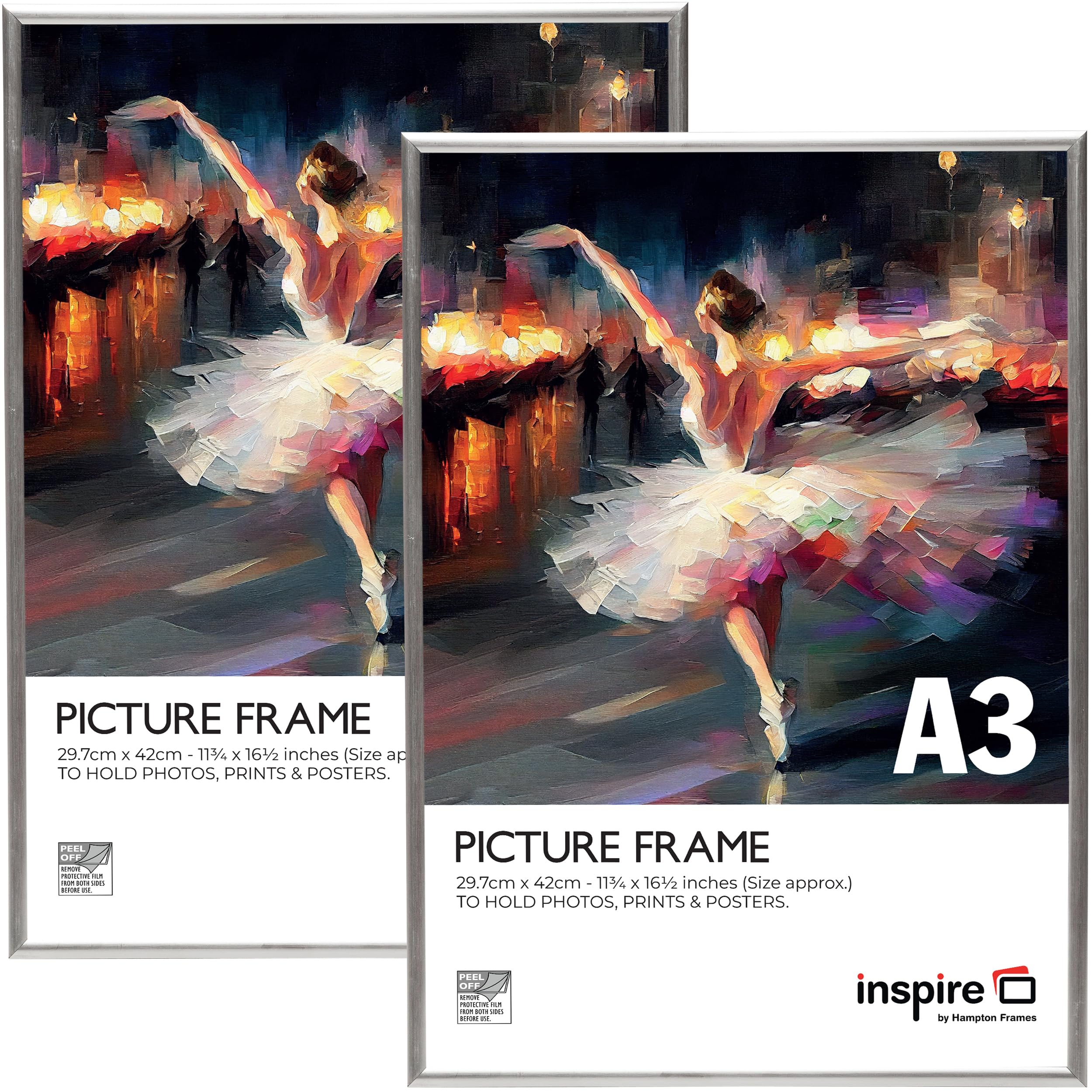 inspire by Hampton Frames BACKLOADER A3 Silver Poster Frame Acrylic (Non-Glass) Pack of 2