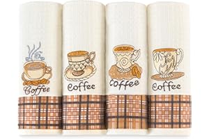 Lavien Home, Kitchen Dish Towels for Drying Dishes Absorbent Coffee Decorative Dish Cloths (Set of 4), Turkish Cotton Waffle Weave, Embroidered Rustic Housewarming Gift Bar Towels 16 x 23 inches