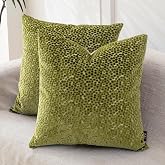 FIFU 18x18 Inch Throw Pillow Covers Set of 2, Jacquard Velvet, Olive Green | Linen-Look Back, Invisible Zipper, Soft Decorative Cushion Case for Couch Sofa Bedroom Living Room, Machine Washable