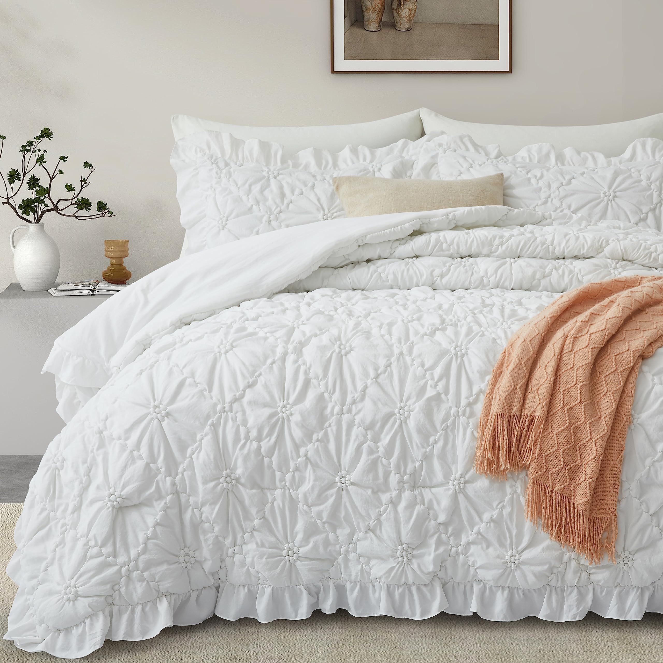 Photo 1 of BEDAZZLED King Size Comforter Sets, White Bedding Comforter Set, 3 Pieces Pinch Pleat Bedding Sets with Comforter and Pillowcases Soft Farmhouse Shabby Chic Comforter for All Season