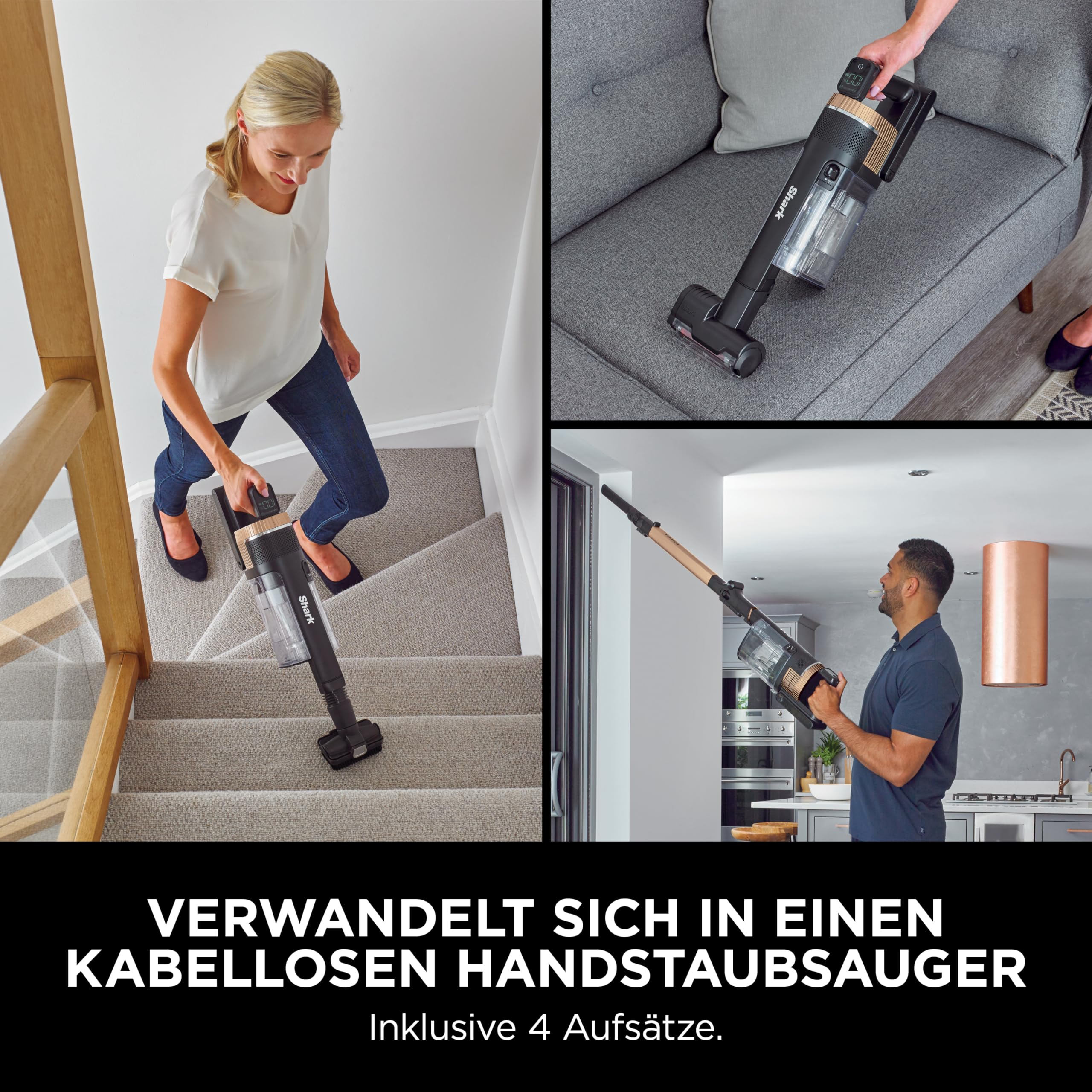 Shark Stratos Akku-Staubsauger freistehend, bis 60 Min. Laufzeit, kabellos, beutellos, für Tierhaare, Allergiker, Teppich und Hartböden, mit Auto-Kit und Knickgelenk-Rohr, grau/roségold, IZ400EUTBK 8