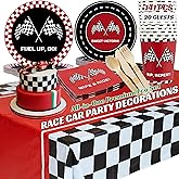 RACE CAR BIRTHDAY PARTY DECORATIONS FOR KIDS – 141PCS Cars Birthday Decorations with Plates, Cups, Napkins, Cutlery, Tablecloth – Checkered Flag & Racecar Birthday Decorations for Boys, Eco-Friendly