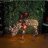 Alpine Corporation 43" Tall Rattan Grazing Reindeer with Bow and 80 Warm White LED Lights, Indoor/Outdoor Christmas Holiday Yard Decor Garden Display