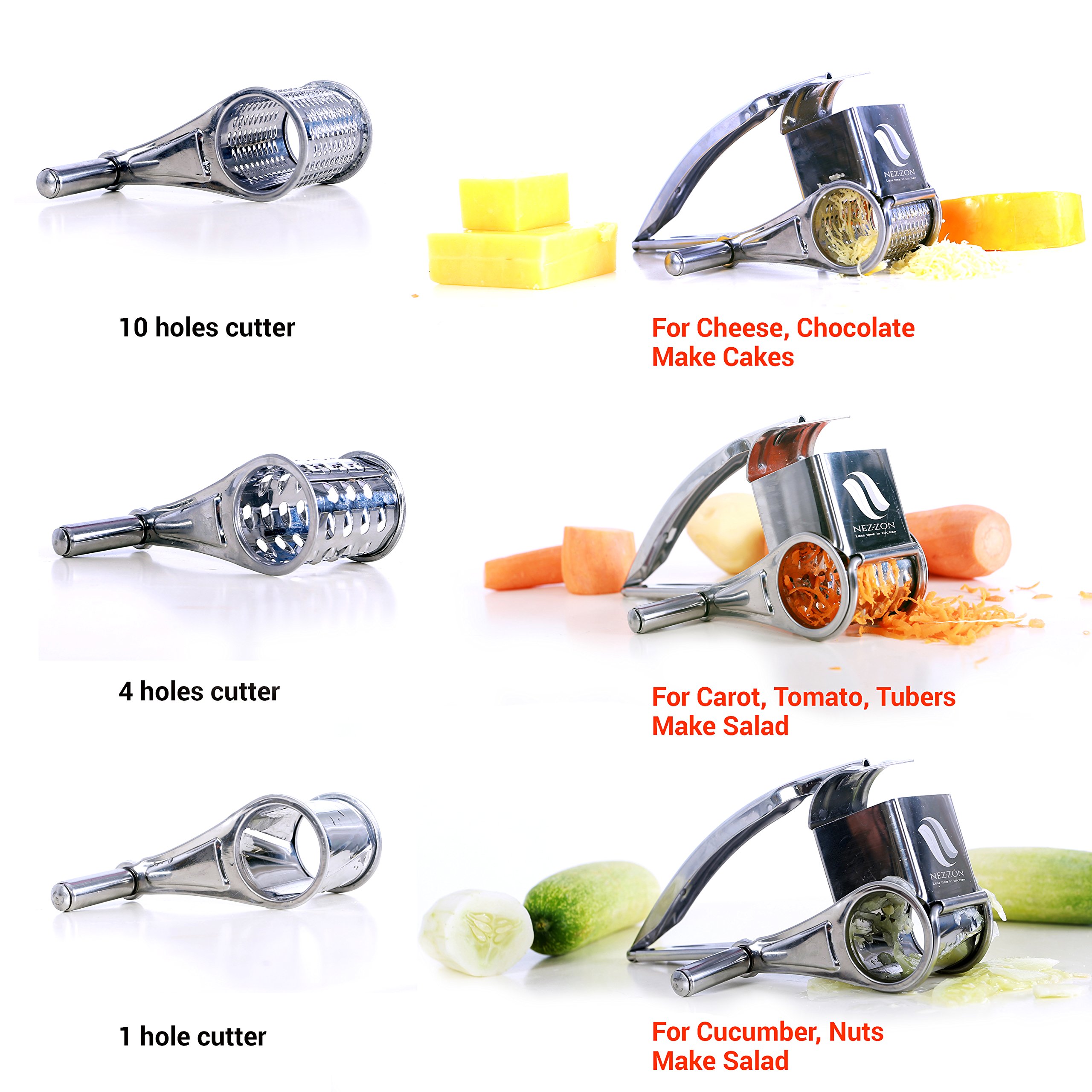 Rotary Cheese Grater Slicer Shredder with 3 Stainless Steel Drums for Soft and Hard Cheese, Chocolate, Nuts, Vegetables, Fruits. With a FREE 101 Tips and Techniques for Cooking Like a Chef E-book