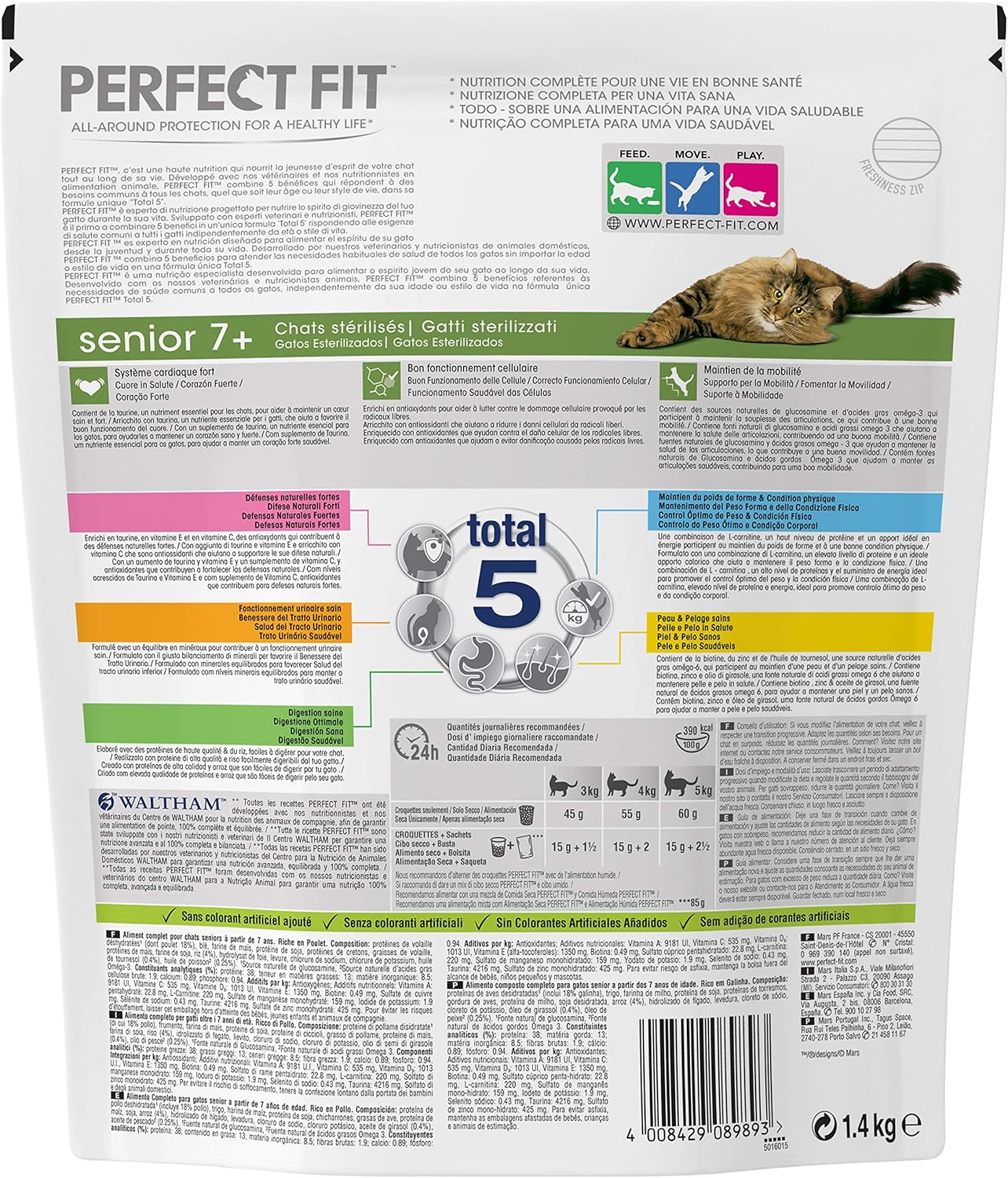 Perfect Fit Senior7 Croquettes Pour Chat Senior Sterilise Riche En Poulet 4 Sacs De 1 4kg Amazon Fr Animalerie
