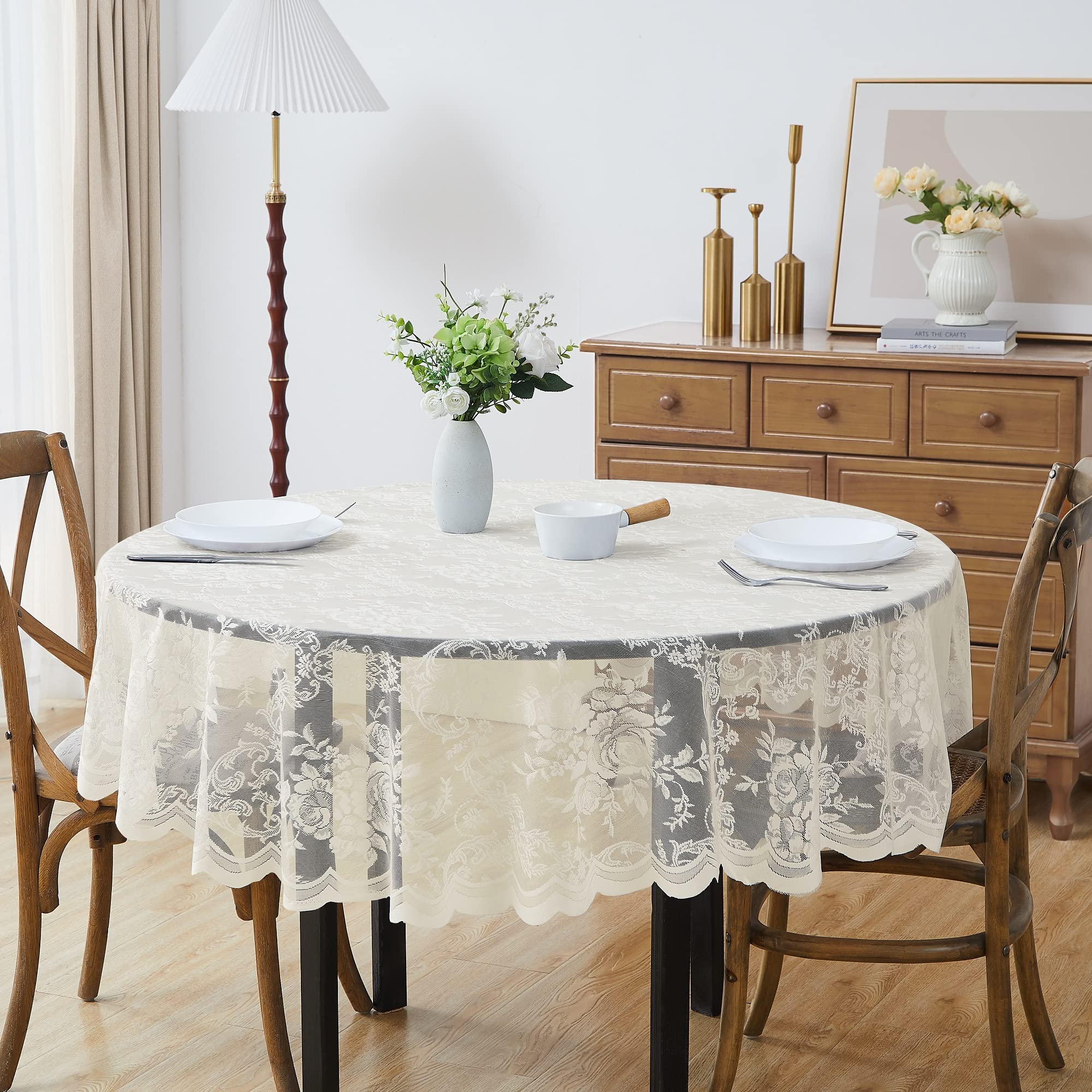 Photo 1 of LinenZone Beautiful Round Lace Tablecloth with Elegant Scalloped Bottom for Any Special Event Such as Wedding, Birthday Party, Baby Shower, Anniversary. Sits 4 to 6 People. (Luna TC 60 Round, Ivory)