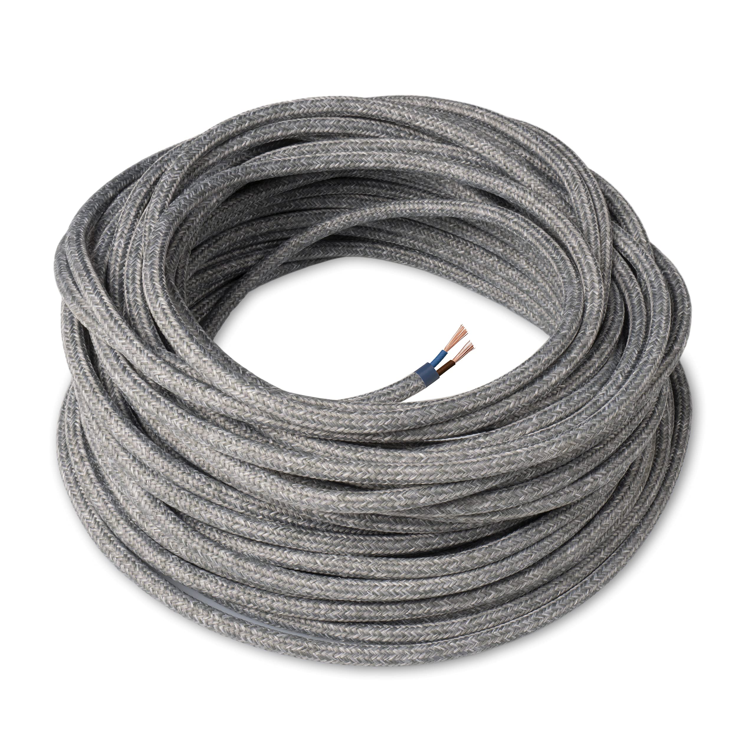 Amarcords - Textile Electrical Wire color CANVAS LIGHT GRAY round flax 5 meters to 2 conductors 2x075 - Wire coated in colored vintage fabric for chandeliers and lamps applique lampshades.