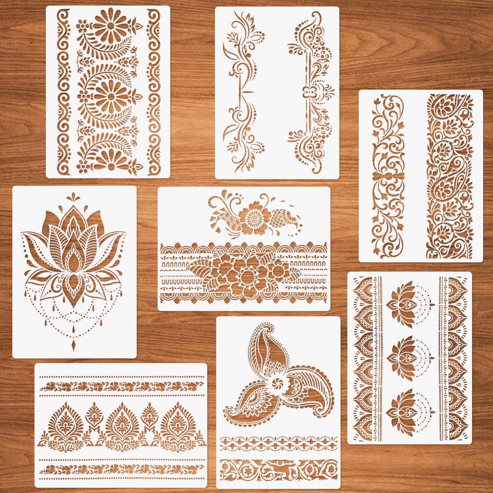 Flower Border Stencils, 8 Pcs Mandala Stencils for Painting on Wood Canvas Paper Wall Mandala Border Reusable DIY Craft Stencils 21x29.7cm