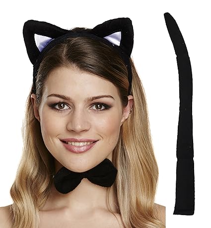 Black Cat Set Ears, Tail & Bow TIe Fancy Dress Halloween Party Accessory