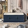 Merax Farmhouse Wood Shoe Bench with Storage and Seat Cushion for Entryway Hallway Front Door Antique Navy
