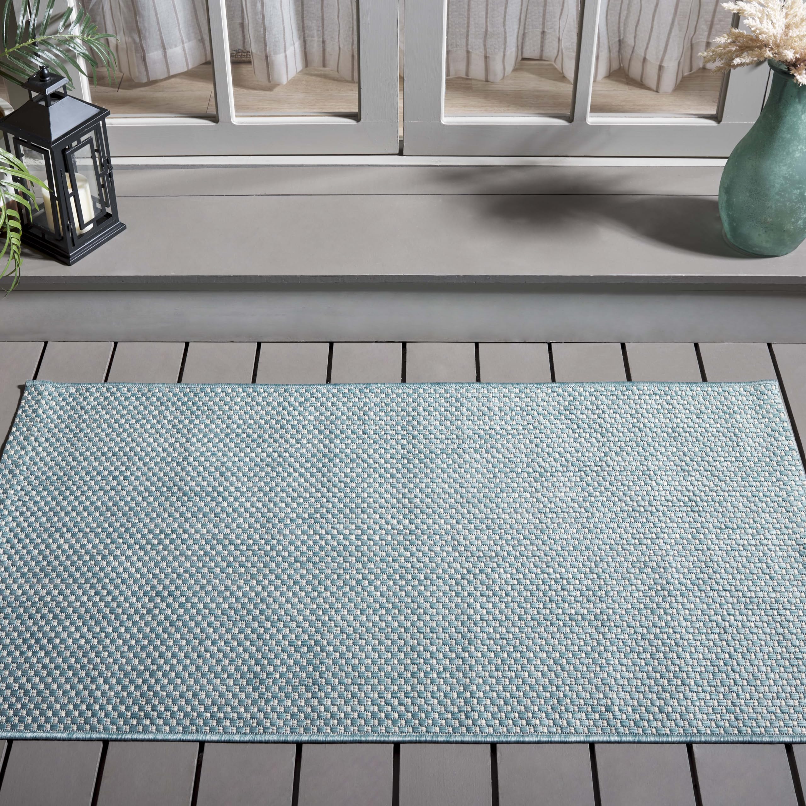 Safavieh Contemporary Indoor/Outdoor Woven Rectangle Area Rug, Courtyard Collection, CY8521, in Aqua / Grey, 79 X 152 cm for Garden, Patio or Any Outdoor Space