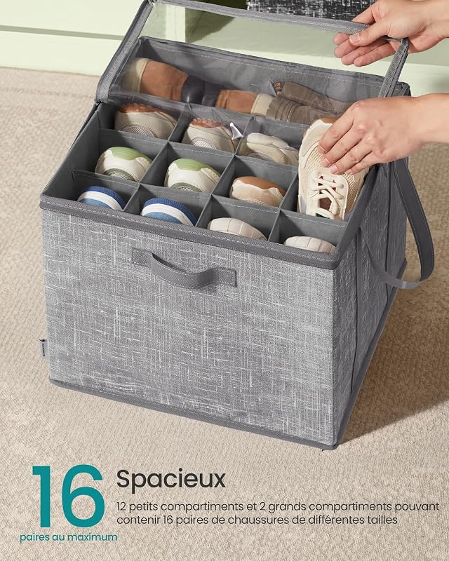 Organisateur de Chaussures, jusqu'à 16 Paires, Boîte de Rangement pour Chaussures, Poignées, Couvercle Transparent, pour Chambre, Entrée, Armoire, Gris Jonc LSP601G01