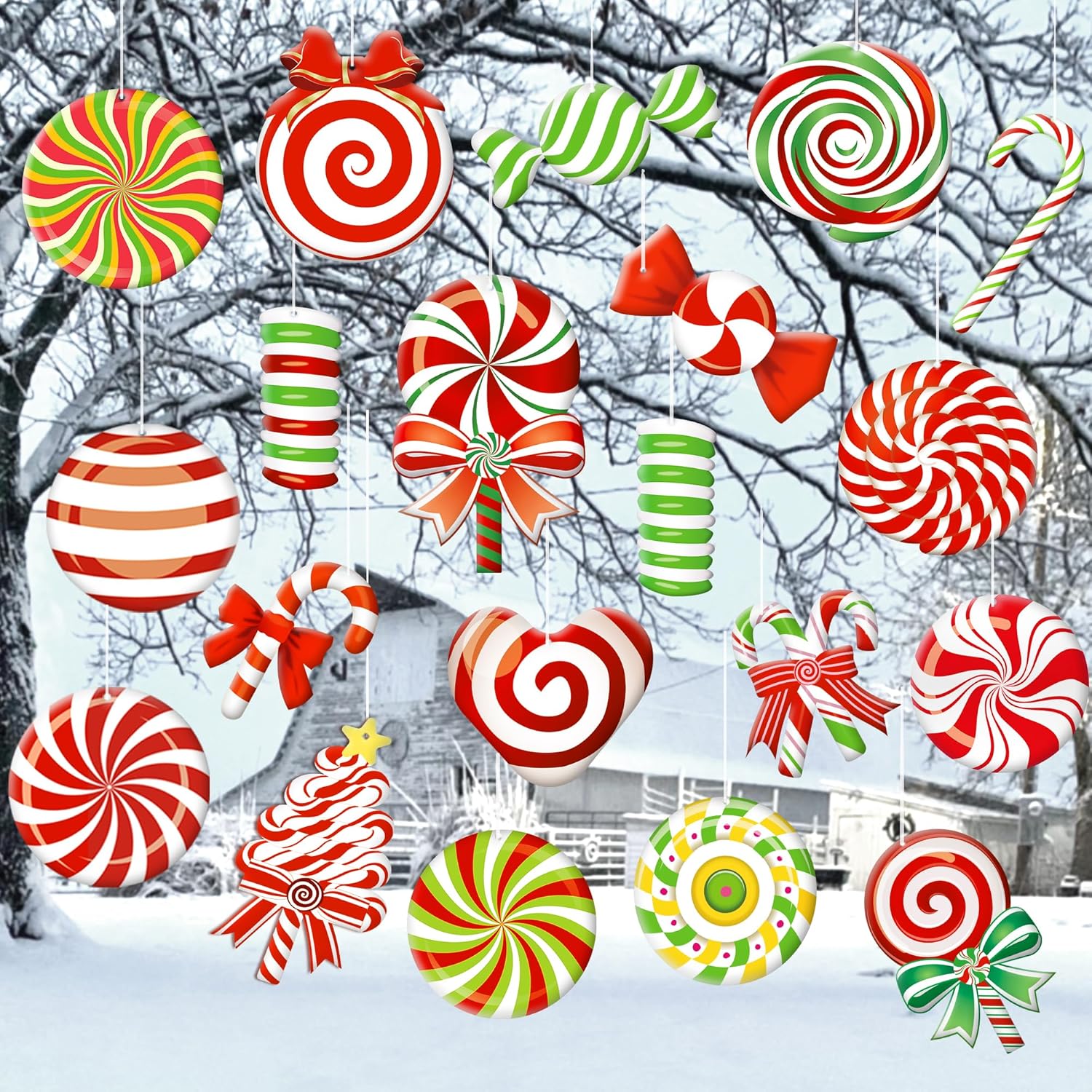 Yard Signs - 24Pcs Large Hanging Outdoor Christmas Ornaments, Double Sided Yard Candy Cane Christmas Decorations Peppermint Lollipop Porch Lawn Signs for Xmas Winter Indoor Outside Christmas Tree Party Supplies