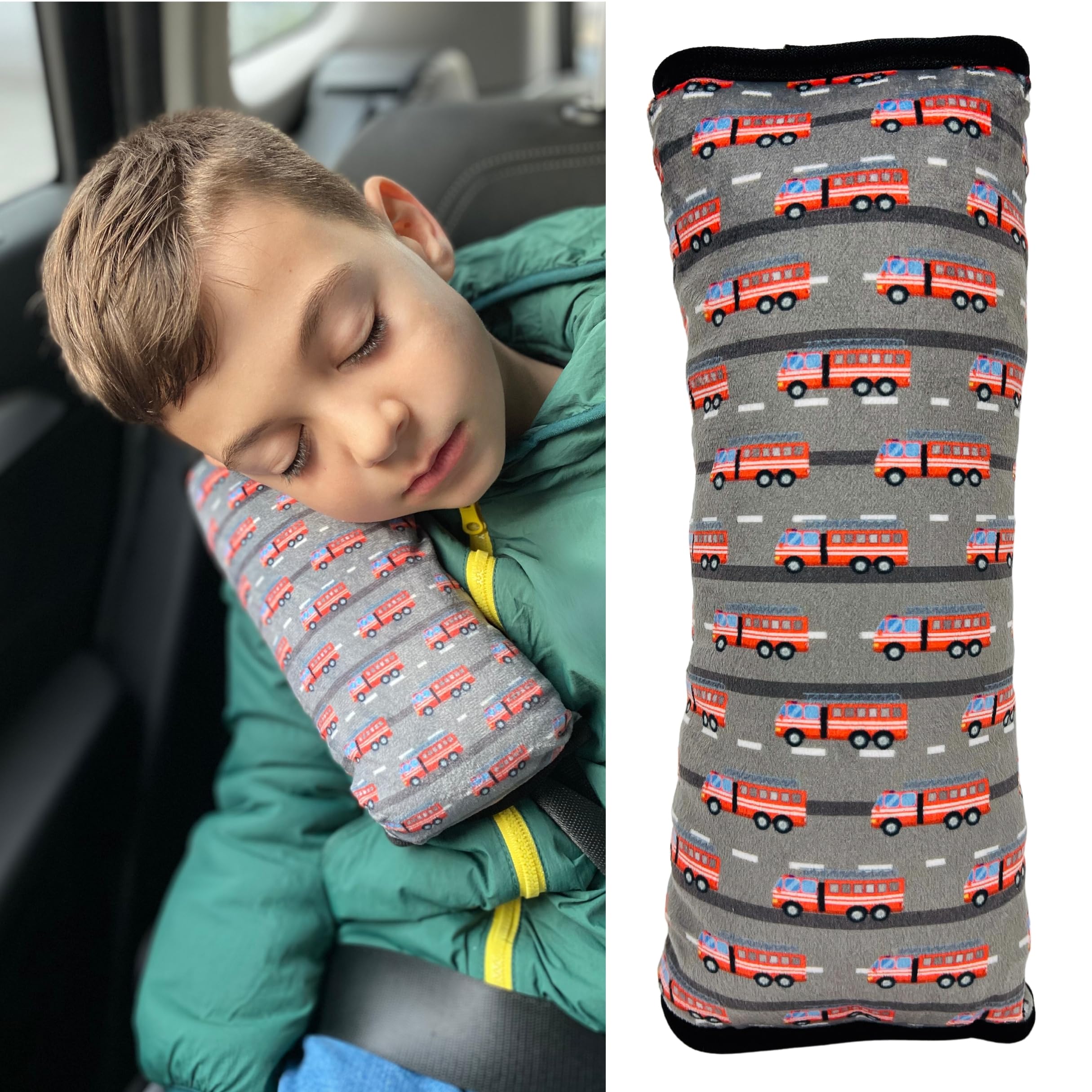 HECKBO cars firefighter car seatbelt pillow for children - machine washable - girl boy kids children soft car seat belt cover sleeping pillows protection car travel pillow cushion vacation