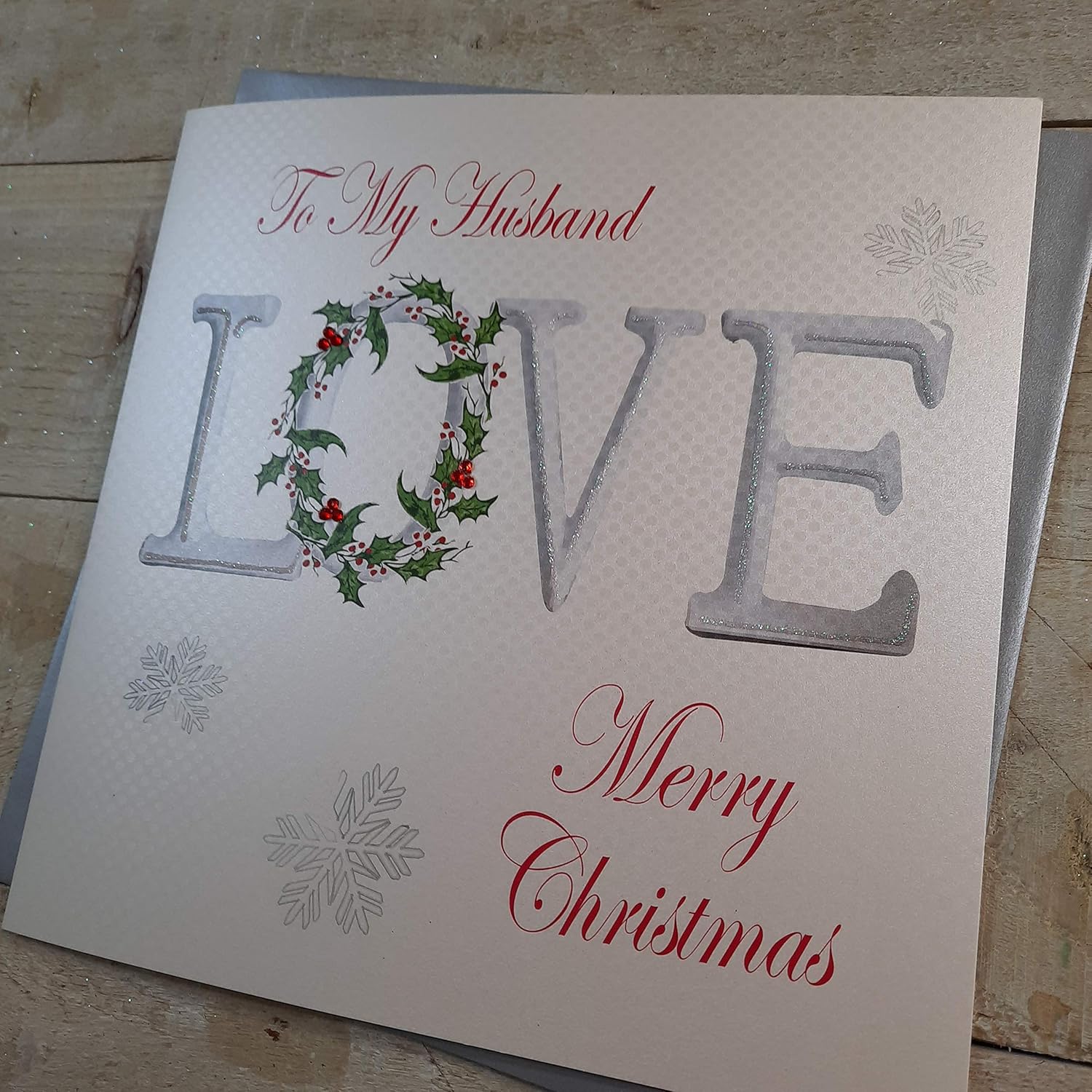 White Cotton Cards To My Husband 'Love' Merry, Handmade Large Christmas Card. (Code xx14-23), 22cm x 22cm
