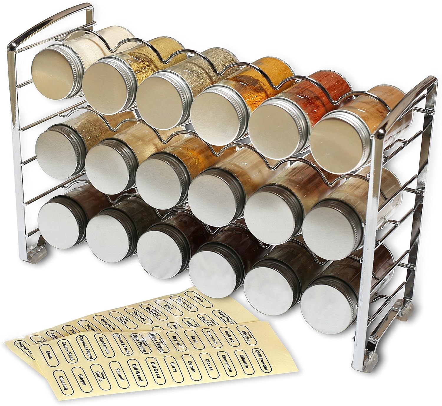 DecoBros Spice Rack Stand holder with 18 bottles and 48 Labels, Chrome: Kitchen & Dining