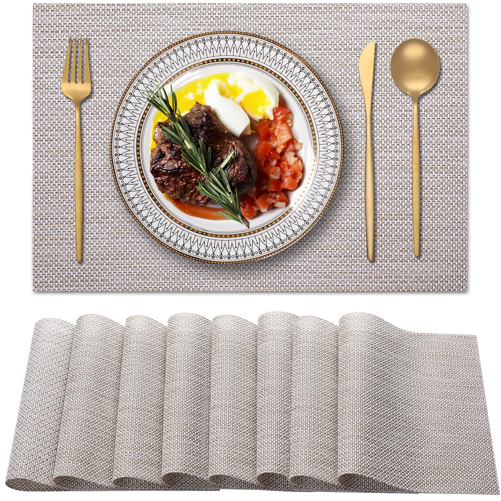 Blibalaskr Place Mats,Table Mats set of 8,Washable Non-Slip Placemats,Heat-resistant PVC Placemat,Suitable for kitchen,dining room,indoor outdoor (Gold Green)