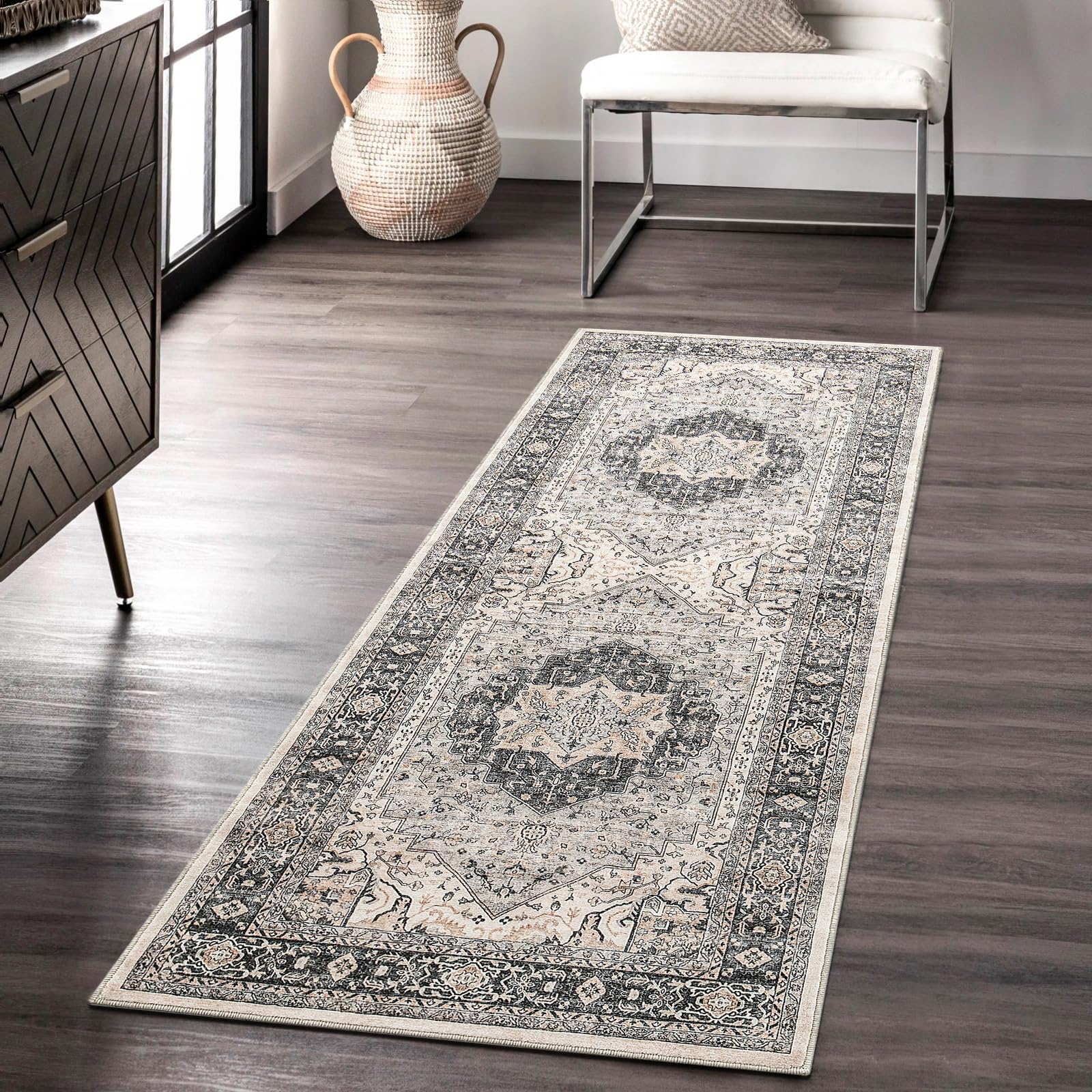 Carvapet Hallway Runner Rug 60x180cm Non Slip Long Carpet Runner Washable Grey Area Rug Soft Microfiber Vintage Medallion Floor Carpet Runner Rug for Living Room Corridor Entryway