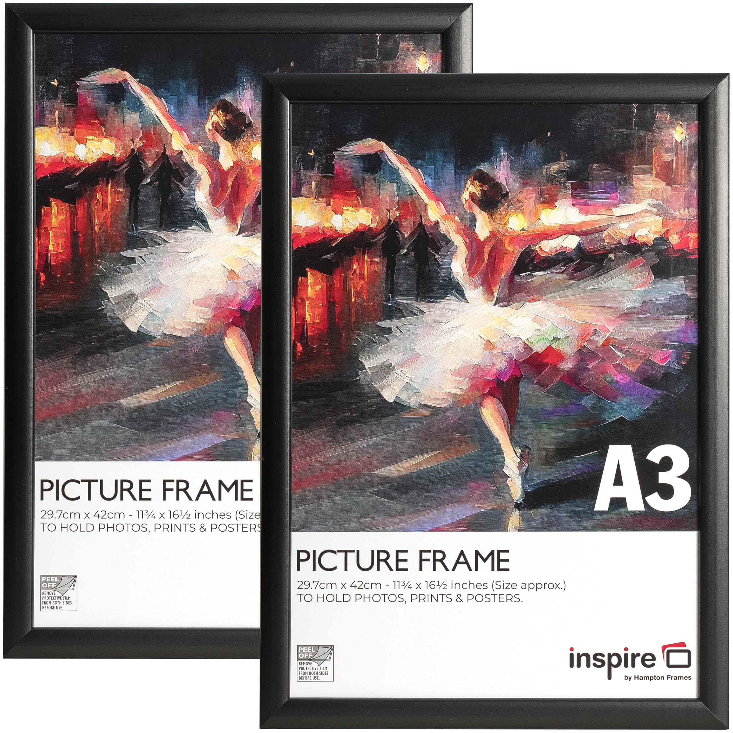 Inspire By Hampton PINEWOOD A3 (30x42cm) Black Picture Frame Acrylic (Non-Glass) Front Pack of 2