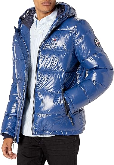 tommy hilfiger men's classic hooded puffer jacket red white blue