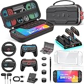 NinjaPlusOX Switch 2 Case Compatible with Nintendo Switch 2 (2025), 12 In 1 Switch 2 Accessories Set with Portable Hard Shell Carrying Case, 2 Screen Protector, Steering Wheel Joy-Con Grip