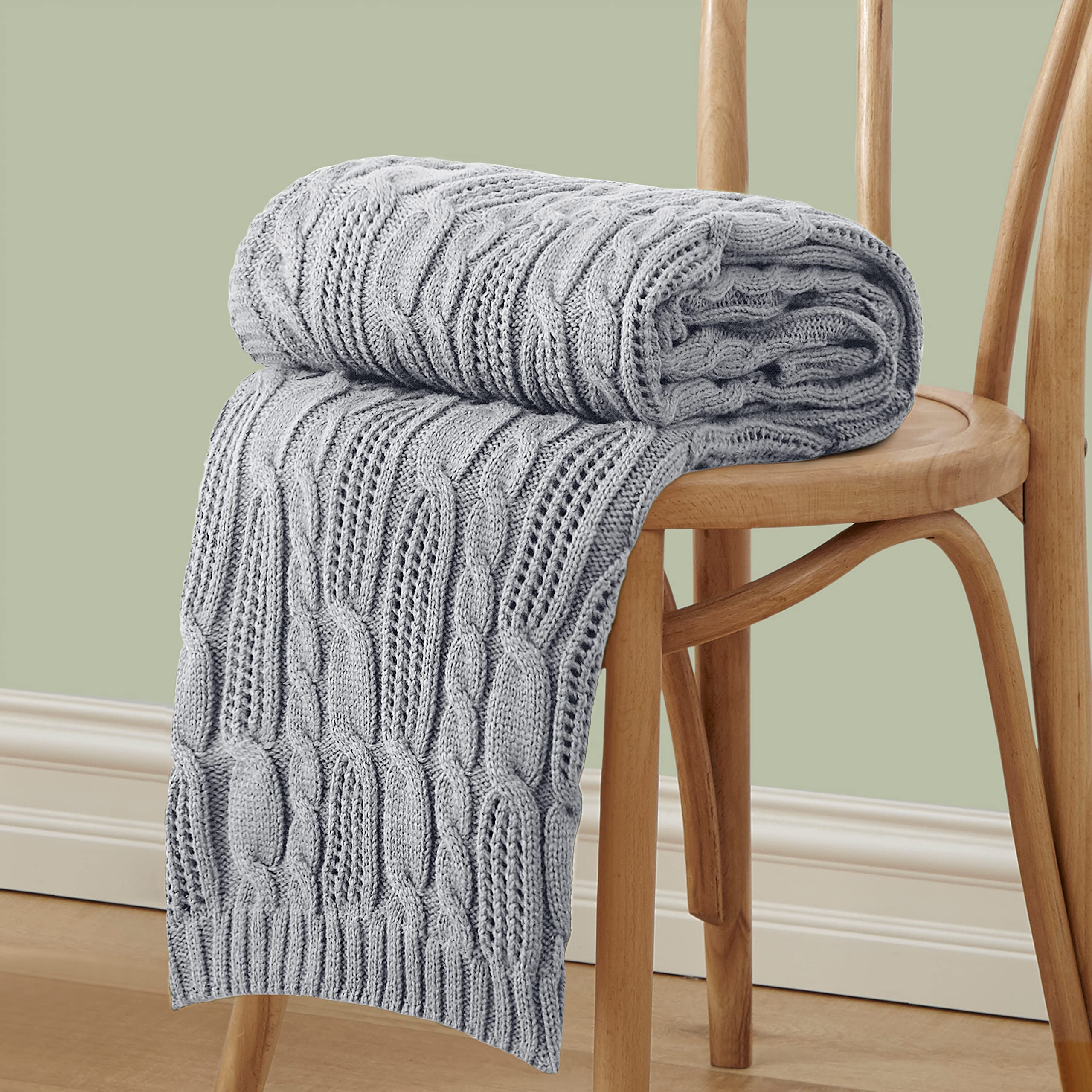 Photo 1 of Aormenzy Cable Knit Throw Blankets 50 x 60 Inches, Soft Cozy and Lightweight Knitted Blanket, Machine Washable Acrylic Blanket, Decorative Throw Blanket for Couch Sofa Bed, Silver Grey