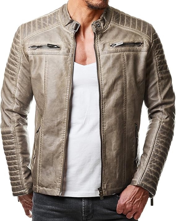 Redbridge Herren Jacke Übergangsjacke Biker Kunstleder Echtleder Baumwolle mit gesteppten Bereichen (XL, Beige - Kunstleder)