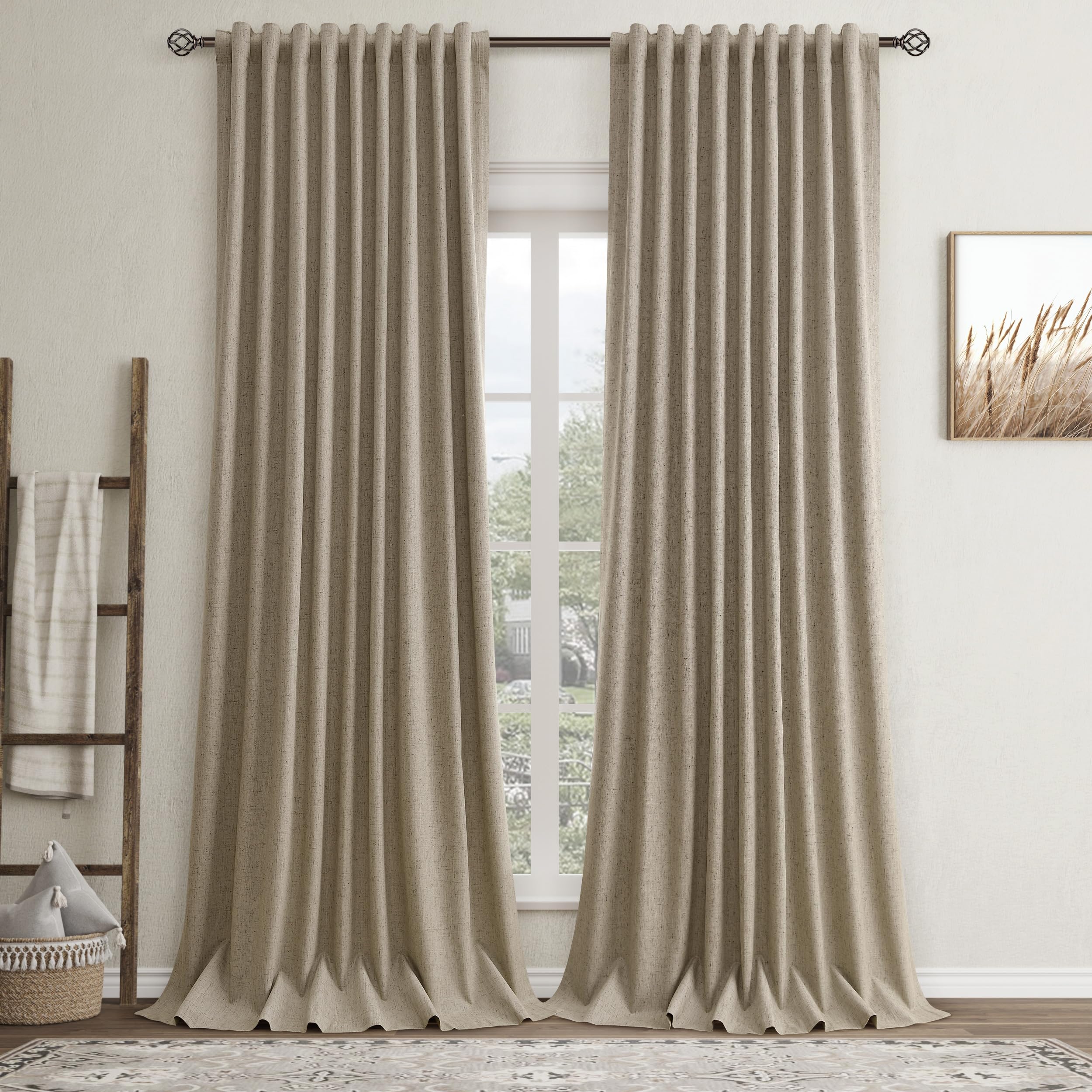 Photo 1 of Khaki Linen Blackout Curtains for Bedroom 96 Inch Length 2 Panels Set Back Tab Pocket Neutral Farmhouse Living Room Darkening Curtains Track System Thermal Insulated Black Out Drapes 52x96