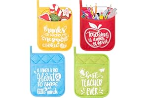 OSNIE 4Pcs Teacher Appreciation Pot Holders Heat Resistant Microwave Oven Mitt Potholders with Hand Pocket Hanging Loop Machine Washable Hot Pads Set End of The Year Teacher Gift for Cooking Baking