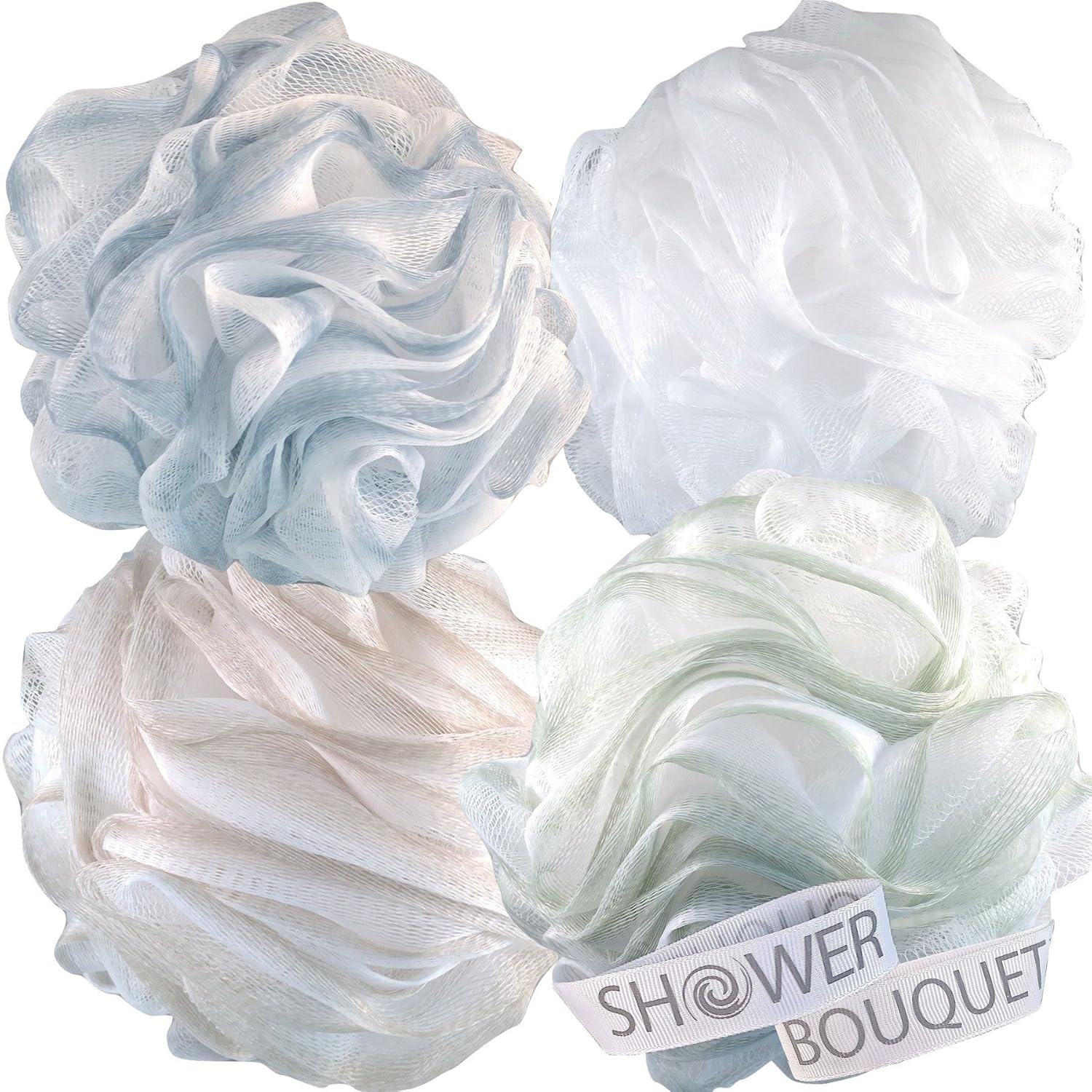 Loofah Bath Sponge XL 75g Soft Set by Shower Bouquet: 4 Pack Pastel Colors - Extra Large Mesh Pouf Scrubber for Men and Women - Exfoliate with Big Lathering Cleanse: Beauty