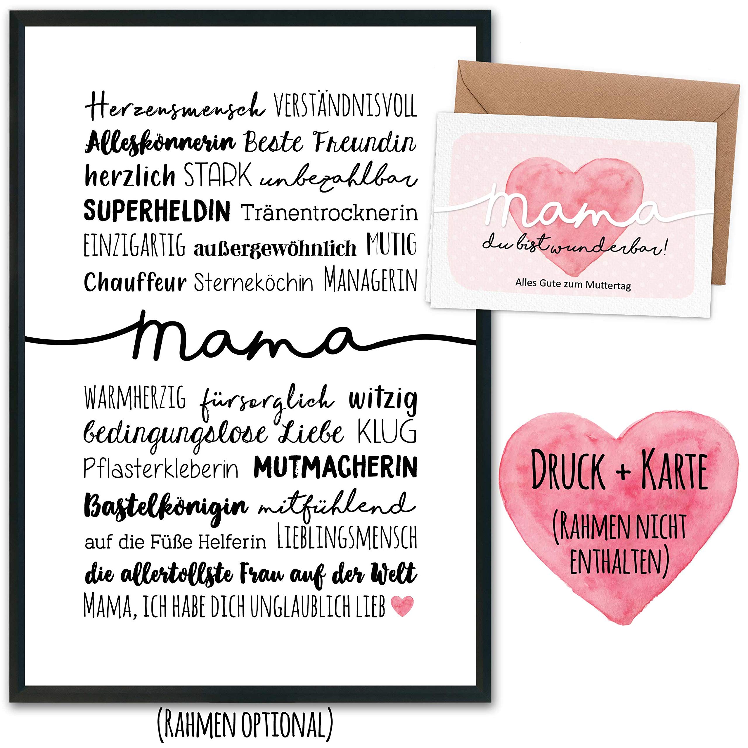 Papierdrachen Mother's Day Gift with Art Print, Folding Card, Envelope and Postcards - Gift for Mother's Day - Hand Lettering Heart Man Superhero Best Friend - Without Frame
