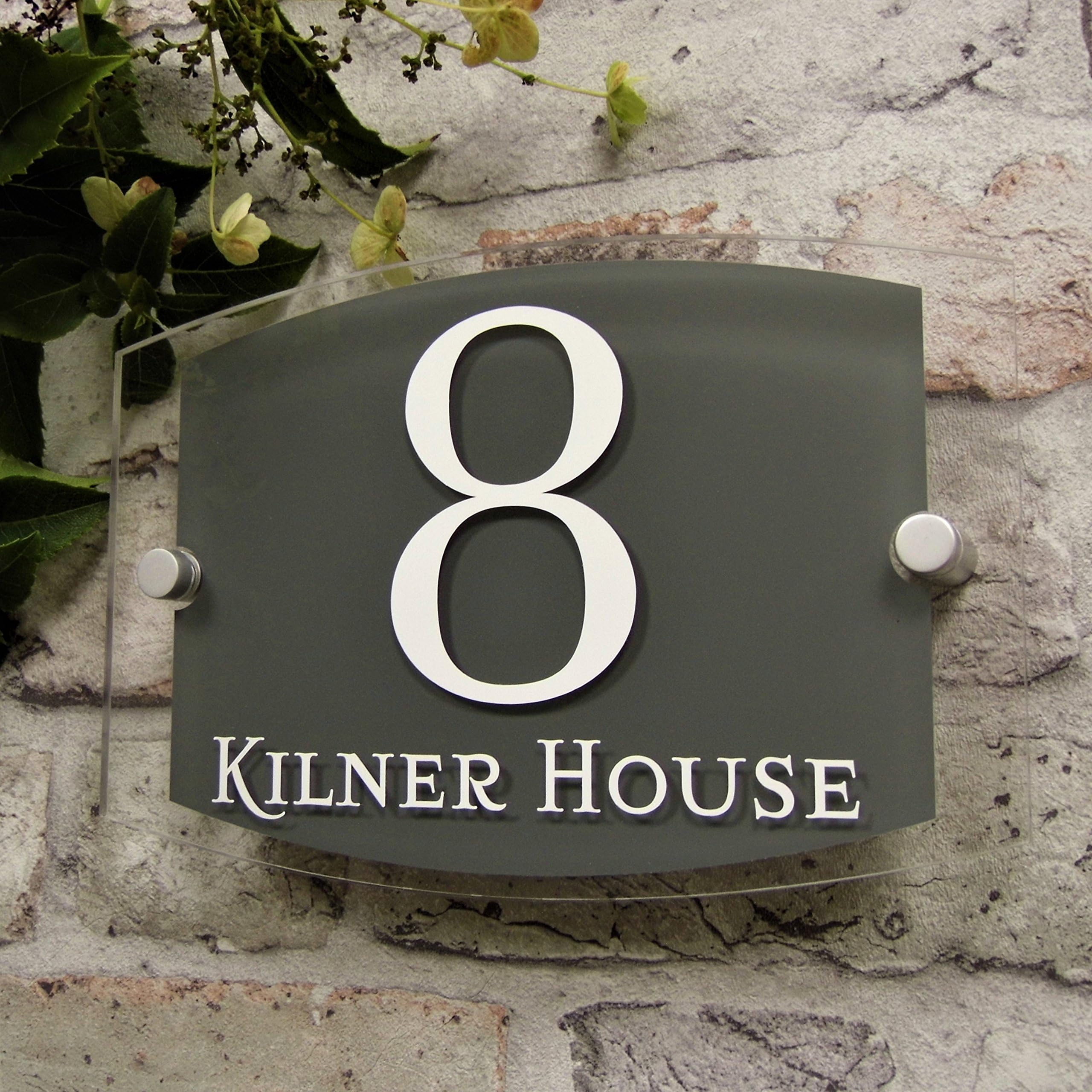 MODERN HOUSE SIGN DOOR NUMBER ADDRESS PLAQUE GLASS EFFECT ARYLIC SLATE GREY